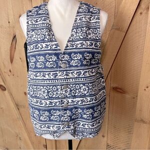 Vintage Vivaldi Size L White Blue Floral Leaf Paisley‎ Cotton Denim Button Vest